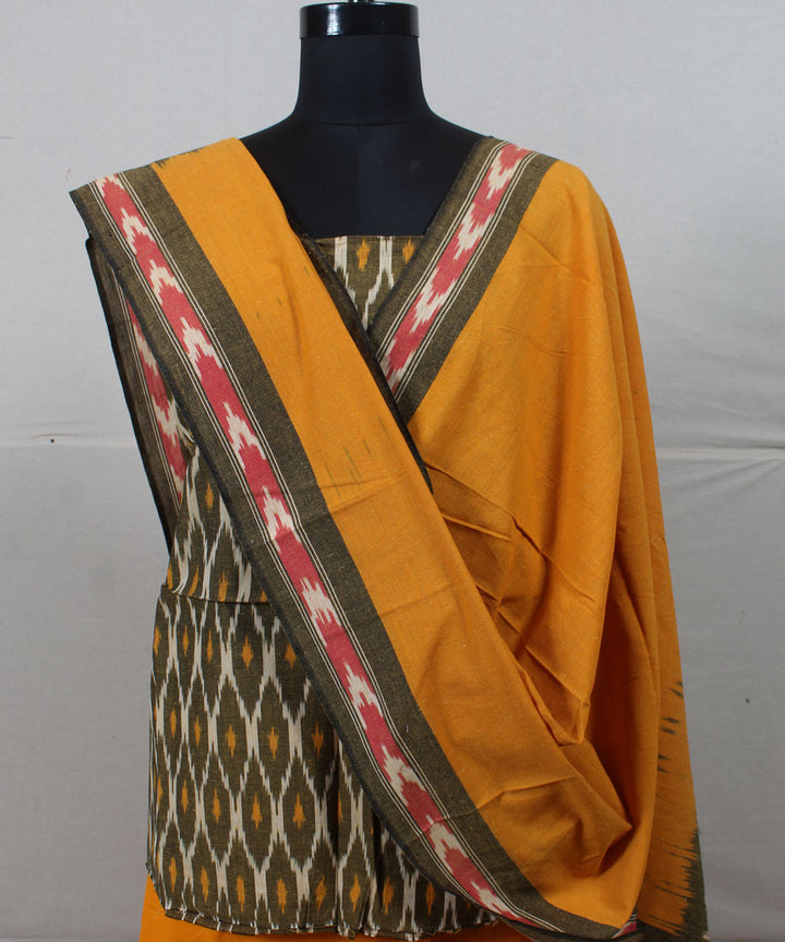 Olive green mustard handwoven cotton pochampally ikat dress material