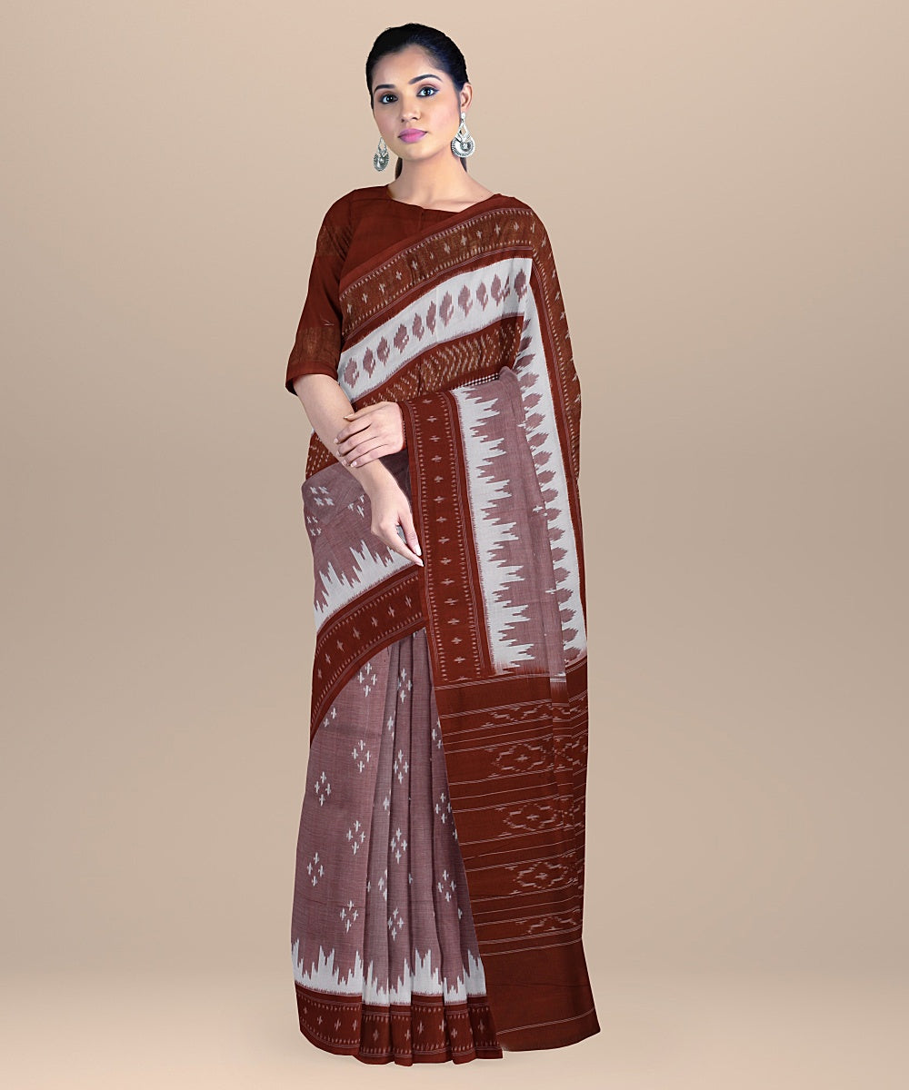 Brown handwoven pochampally ikat cotton saree