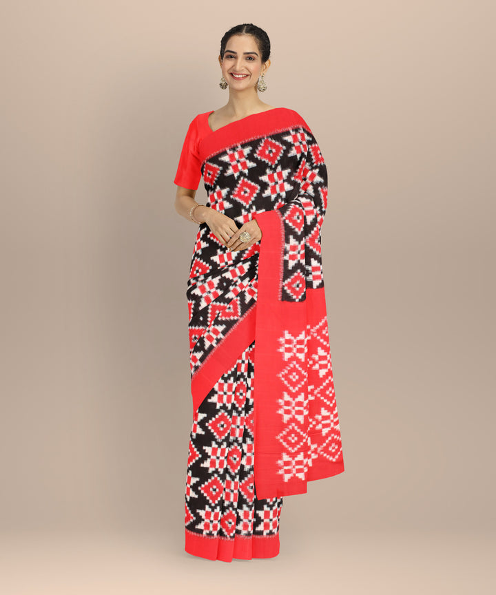 Black red teliarumal handwoven cotton pochampally ikat saree