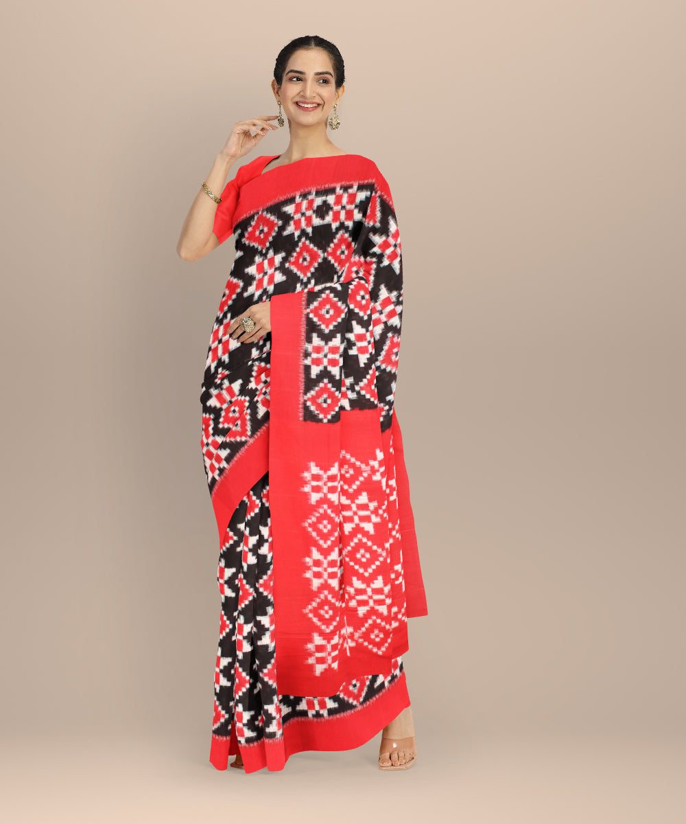 Black red teliarumal handwoven cotton pochampally ikat saree