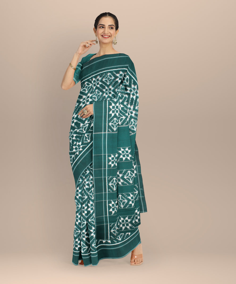 Dark green white teliarumal cotton handwoven pochampally ikat saree