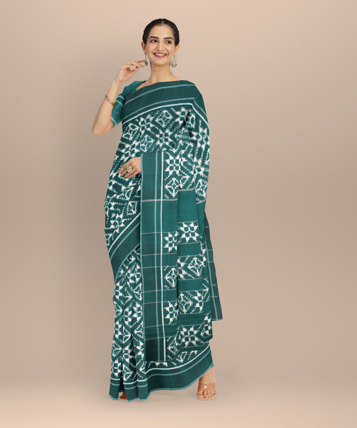 Dark green white teliarumal cotton handwoven pochampally ikat saree