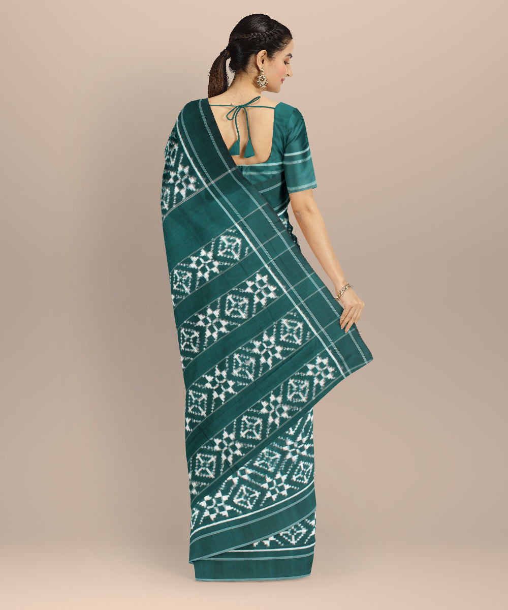 Dark green white teliarumal cotton handwoven pochampally ikat saree