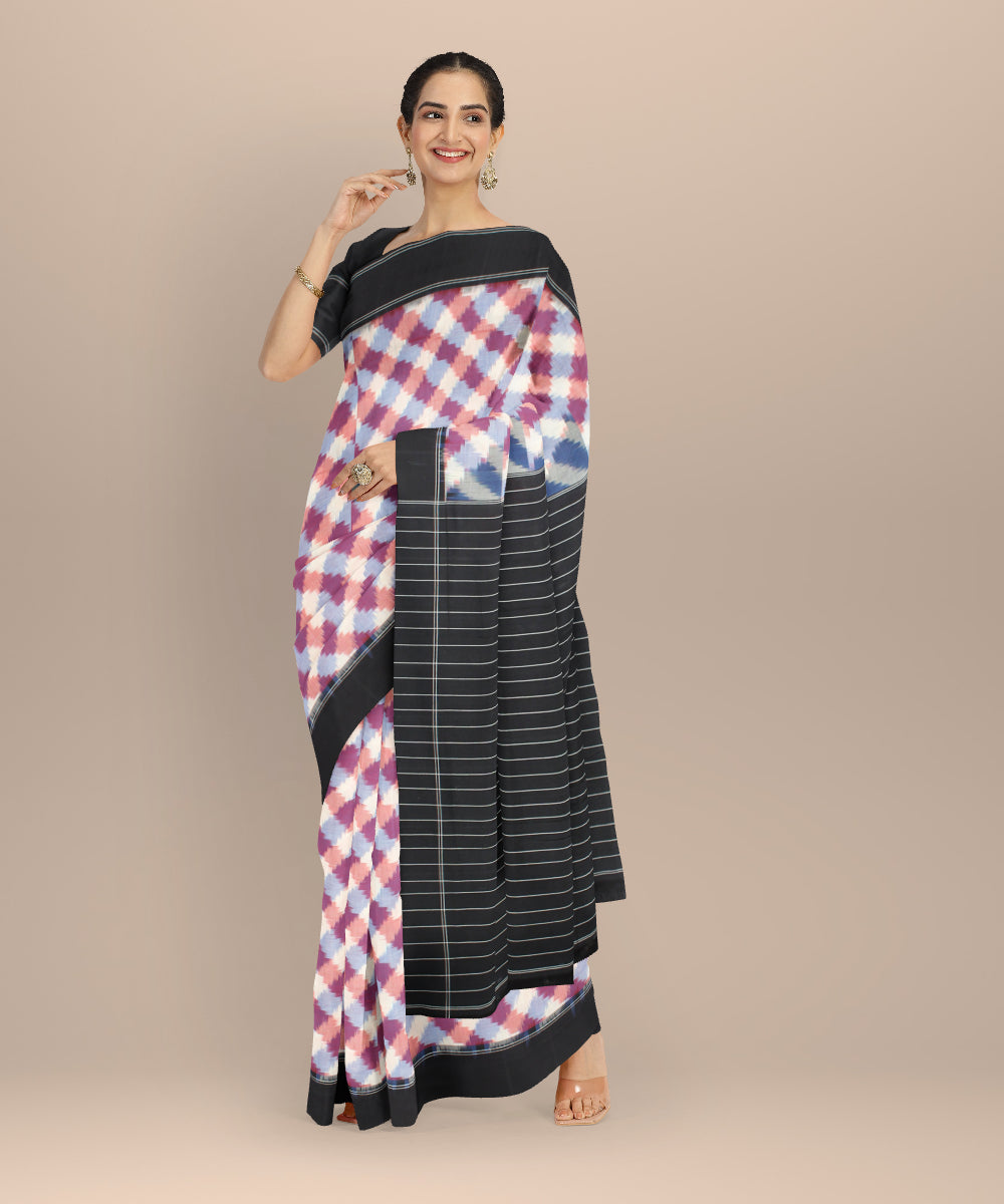 Multicolor white black teliarumal cotton handwoven pochampally ikat saree