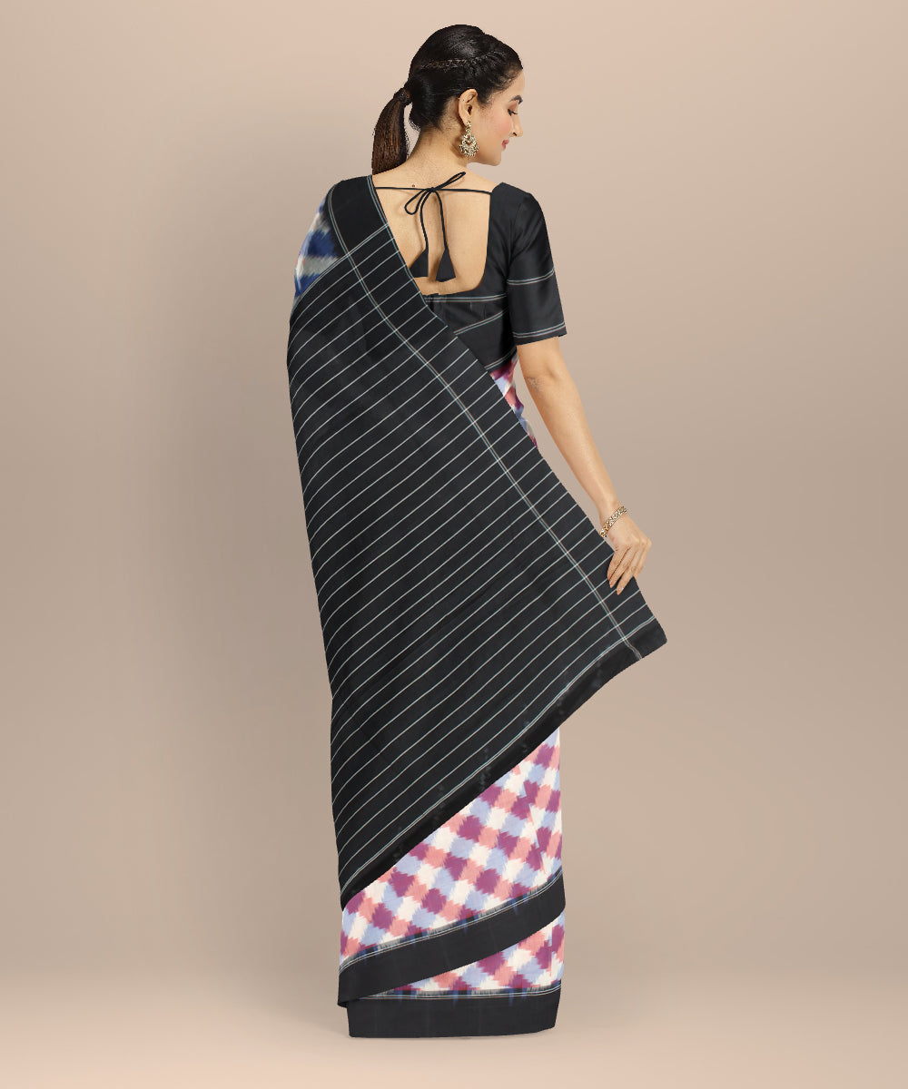 Multicolor white black teliarumal cotton handwoven pochampally ikat saree