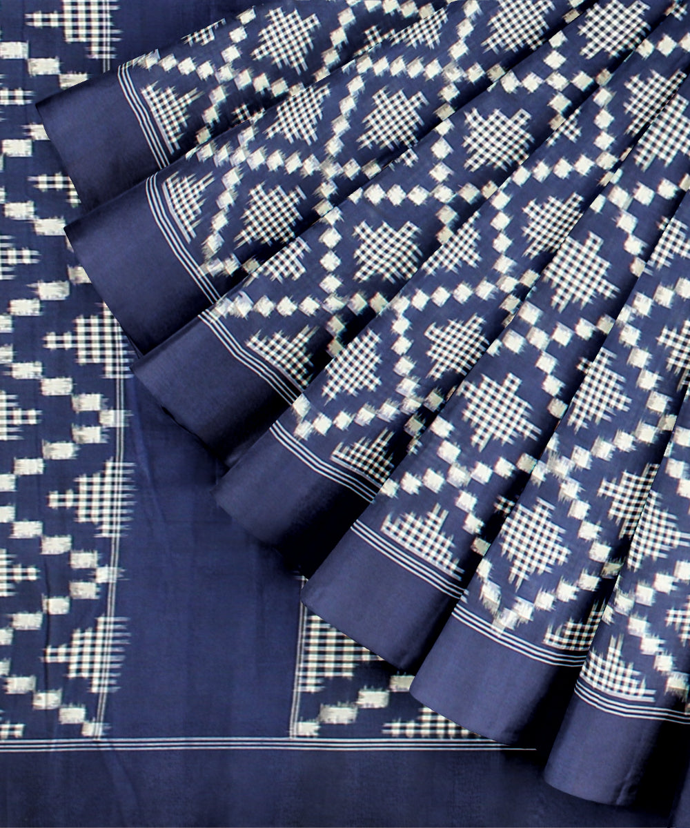 Navy blue white teliarumal handwoven cotton pochampally ikat saree