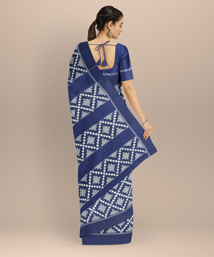 Navy blue white teliarumal handwoven cotton pochampally ikat saree
