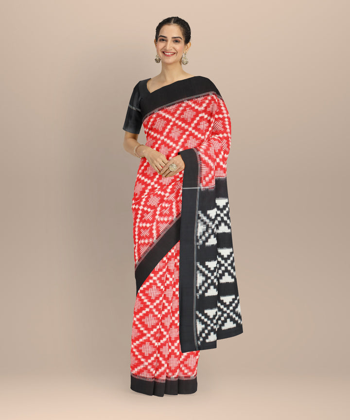 Red black teliarumal handwoven cotton pochampally ikat saree