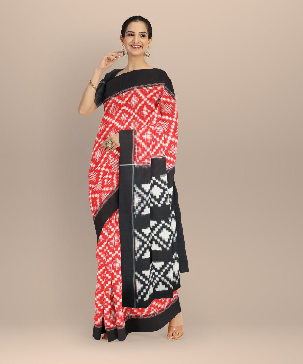 Red black teliarumal handwoven cotton pochampally ikat saree