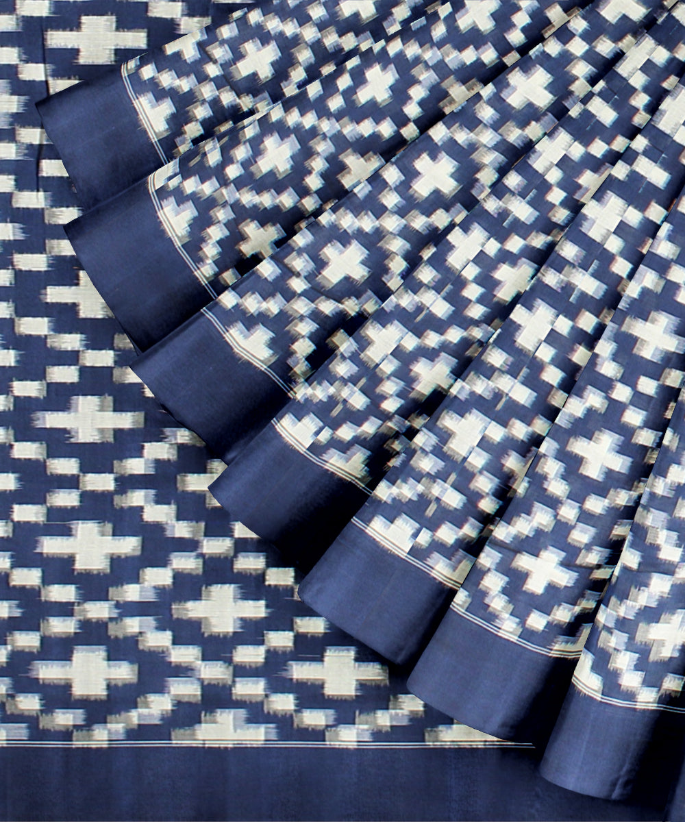 Navy blue white teliarumal cotton handloom pochampally ikat saree