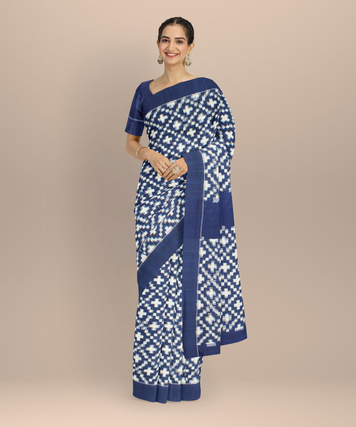 Navy blue white teliarumal cotton handloom pochampally ikat saree