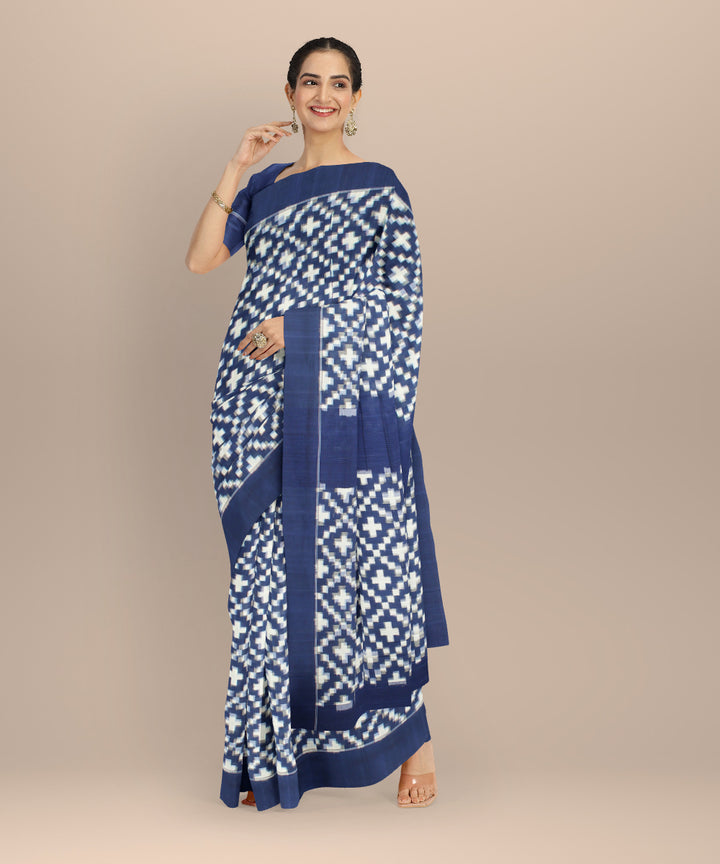 Navy blue white teliarumal cotton handloom pochampally ikat saree