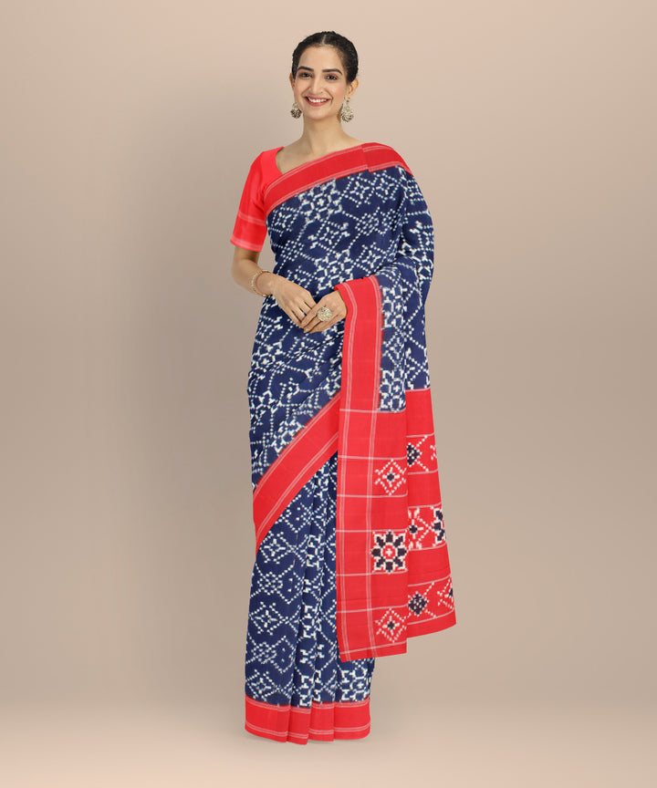 Navy blue red teliarumal handwoven cotton pochampally ikat saree