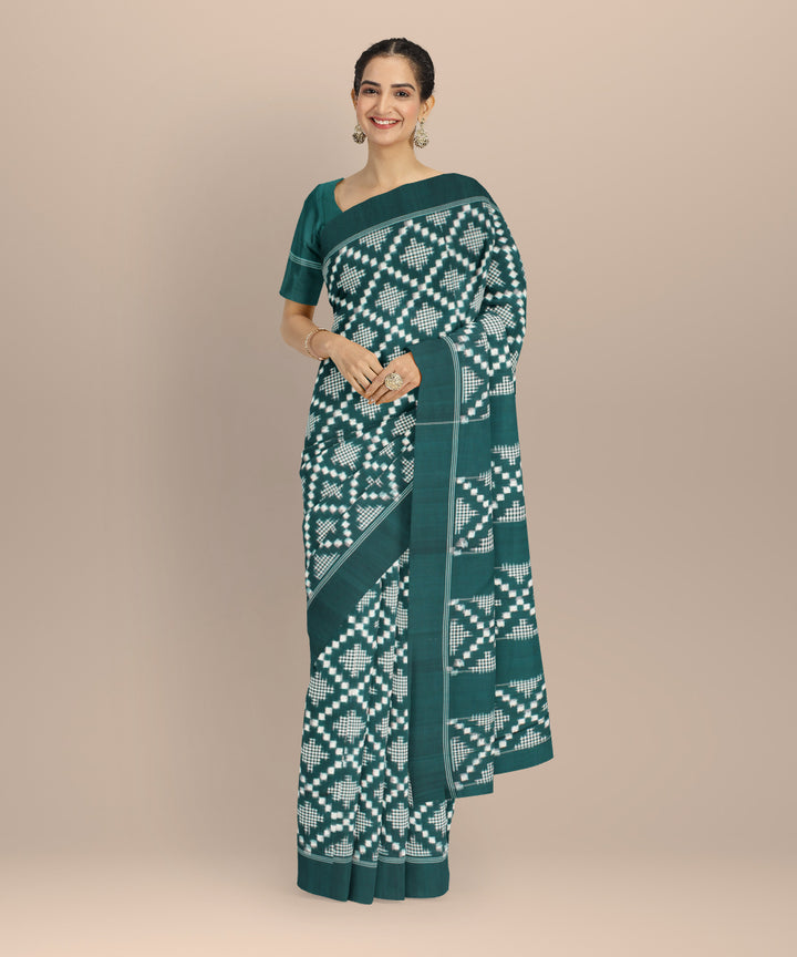Dark green white  teliarumal cotton handwoven pochampally ikat saree