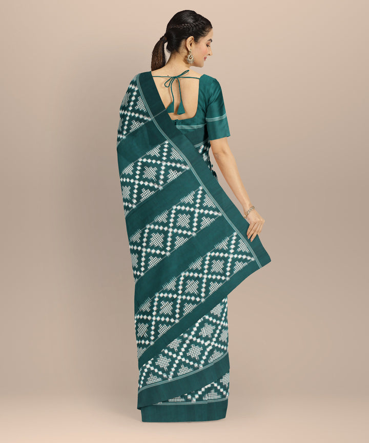 Dark green white  teliarumal cotton handwoven pochampally ikat saree