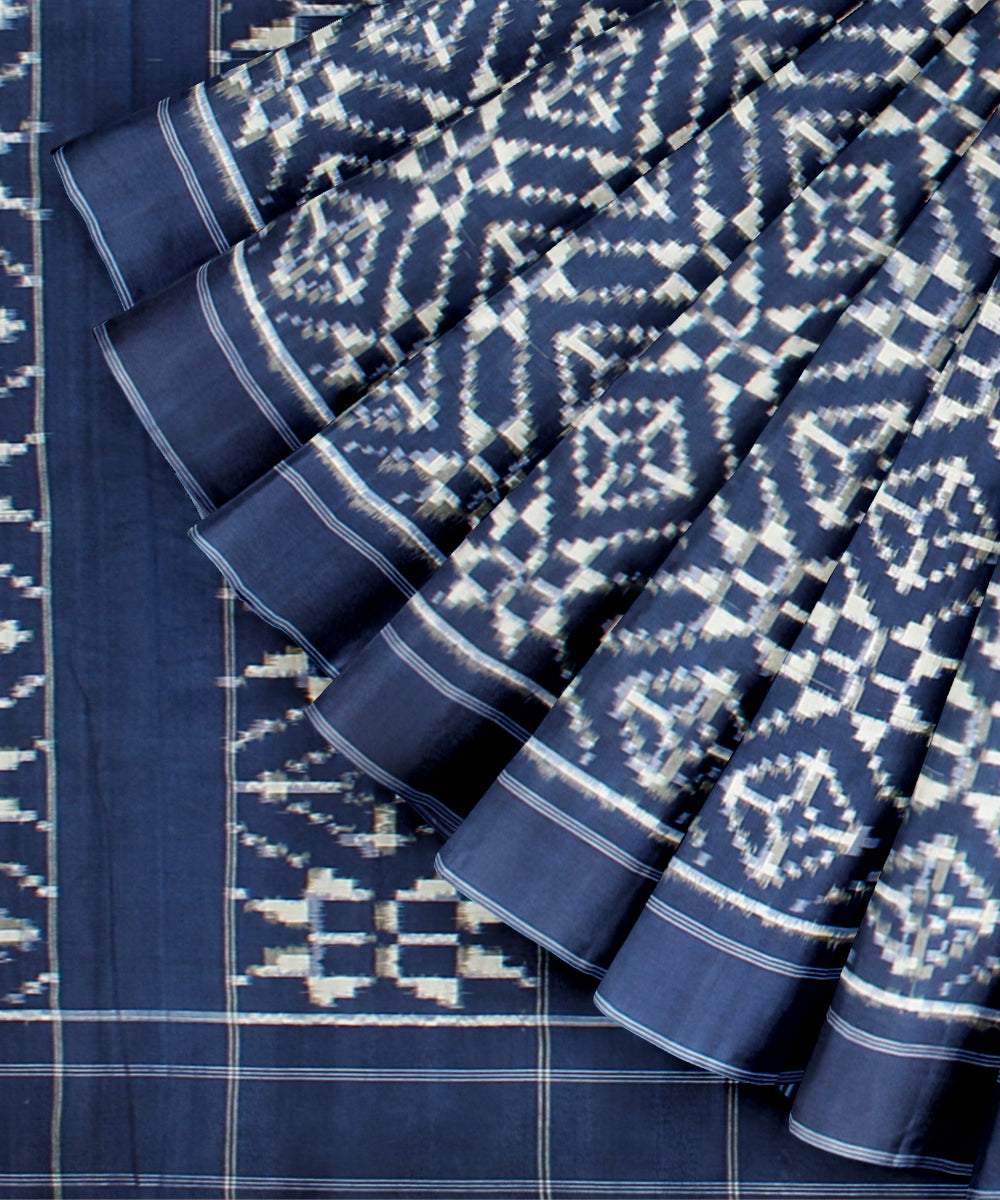 Navy blue white teliarumal cotton handwoven pochampally ikat saree