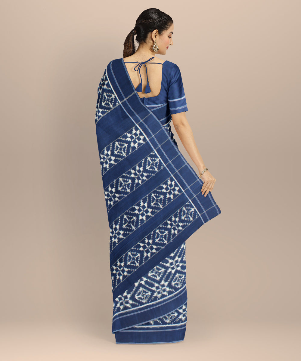 Navy blue white teliarumal cotton handwoven pochampally ikat saree