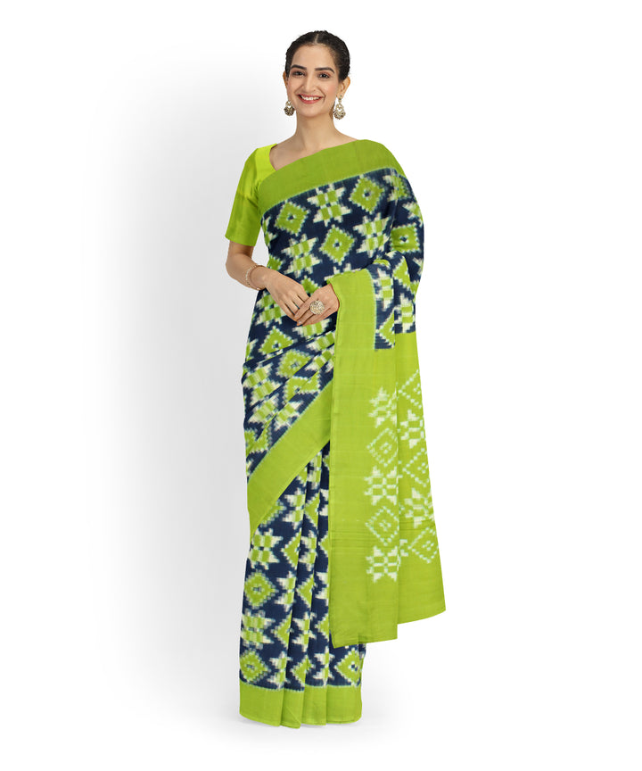 Navy blue light green teliarumal cotton handwoven pochampally ikat saree
