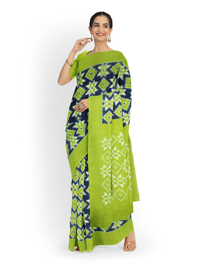 Navy blue light green teliarumal cotton handwoven pochampally ikat saree