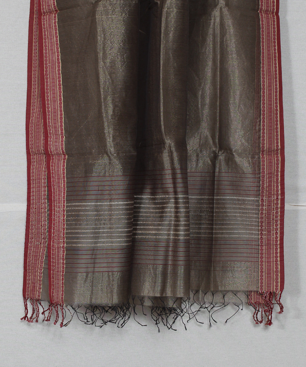 Grey red cotton silk handwoven maheshwari dupatta