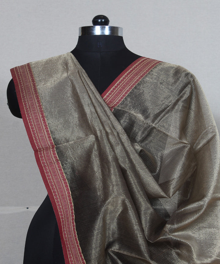 Grey red cotton silk handwoven maheshwari dupatta