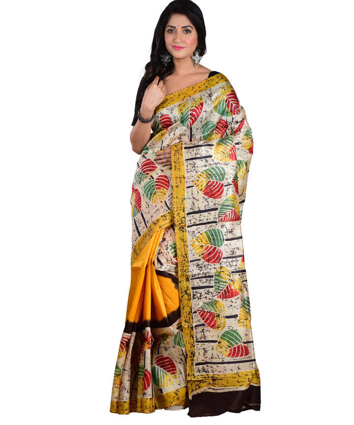 Multicolor mustard silk hand batik printed saree