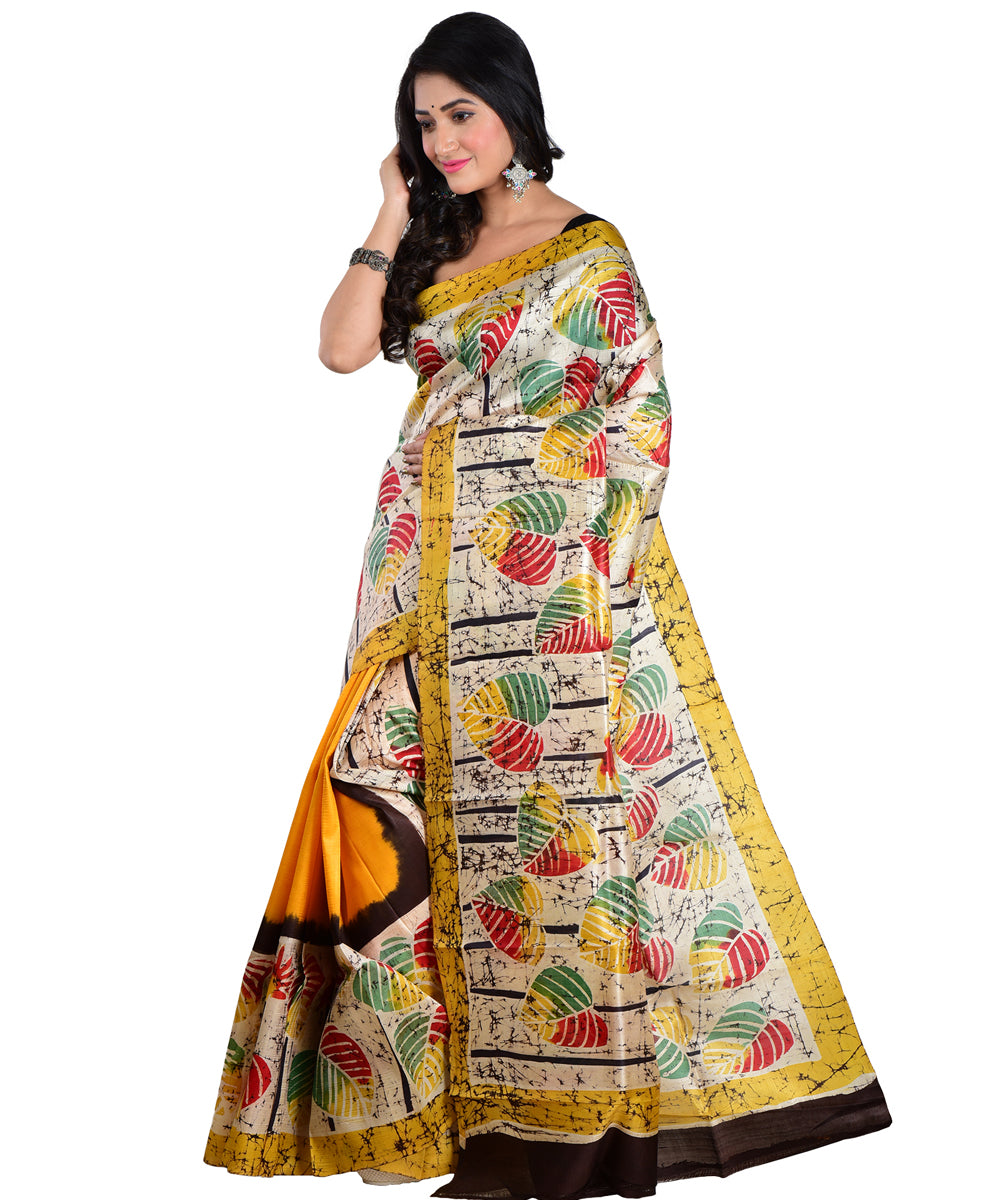 Multicolor mustard silk hand batik printed saree