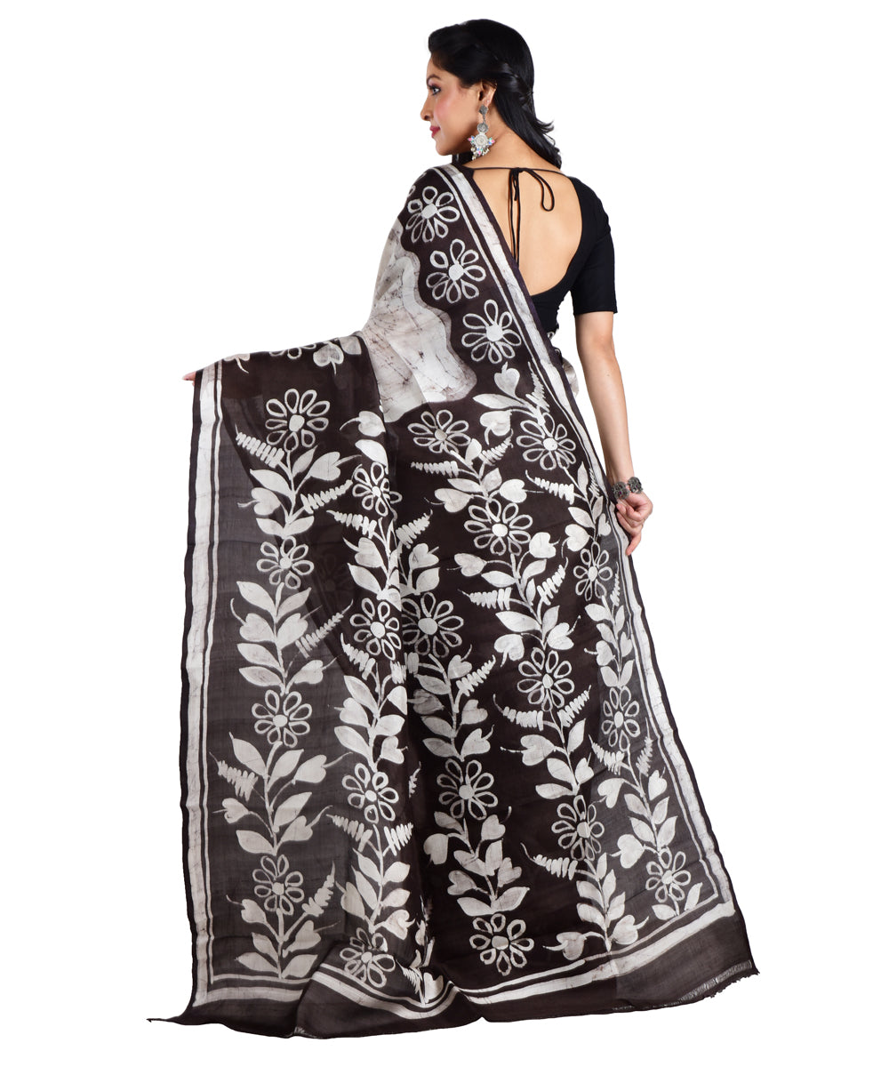 Black white hand batik printed silk saree