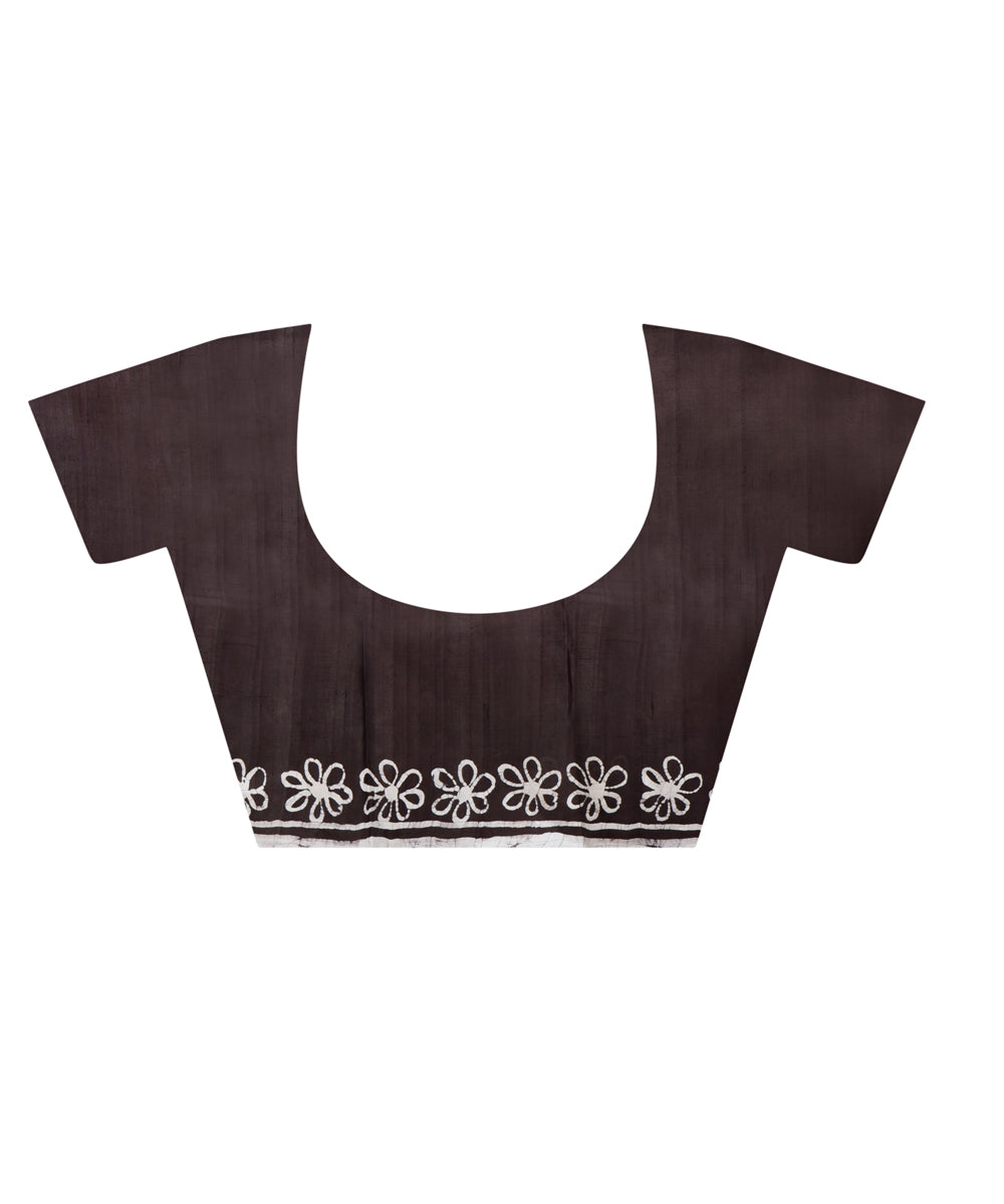 Black white hand batik printed silk saree