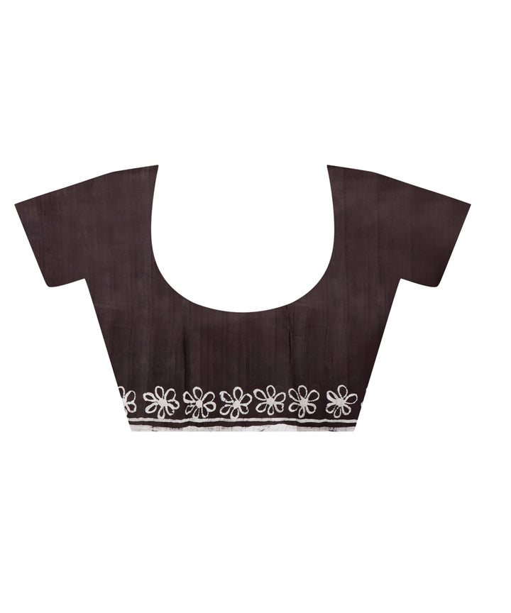 Black white hand batik printed silk saree