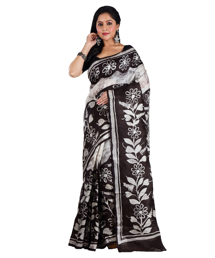 Black white hand batik printed silk saree