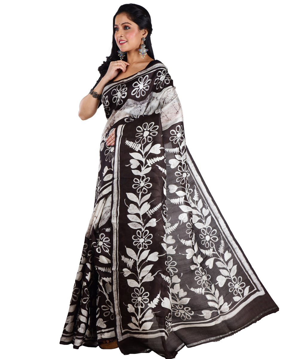 Black white hand batik printed silk saree