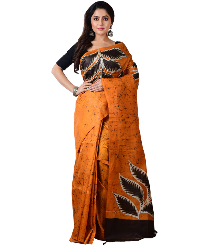 Orange black silk hand batik printed saree