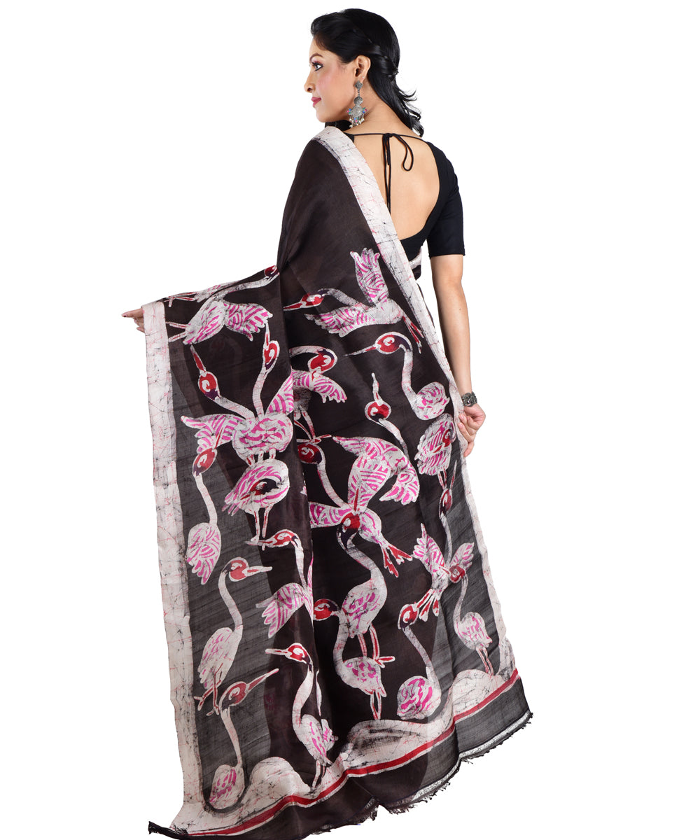 Black pink silk hand batik printed saree