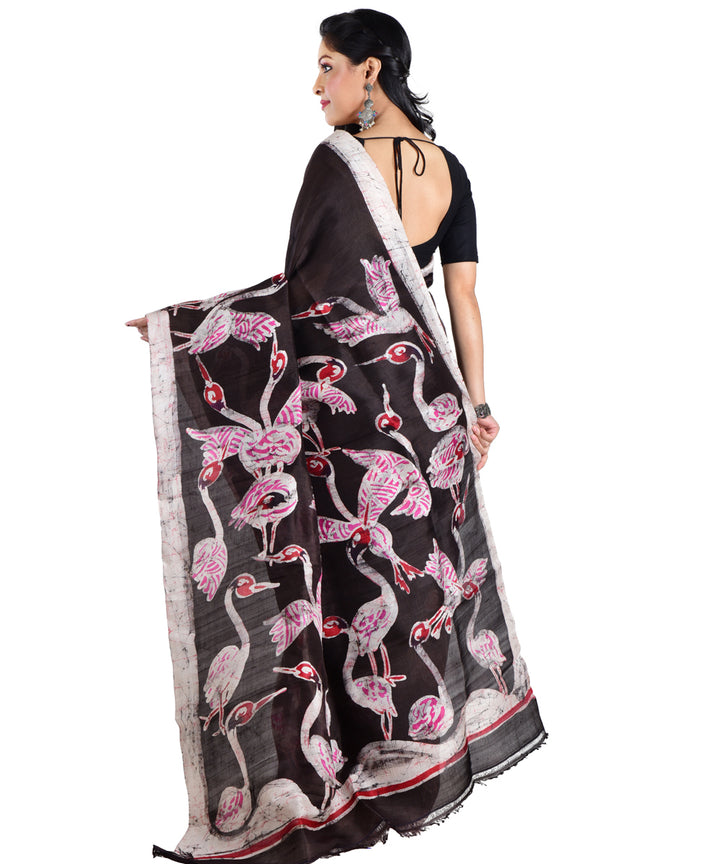 Black pink silk hand batik printed saree