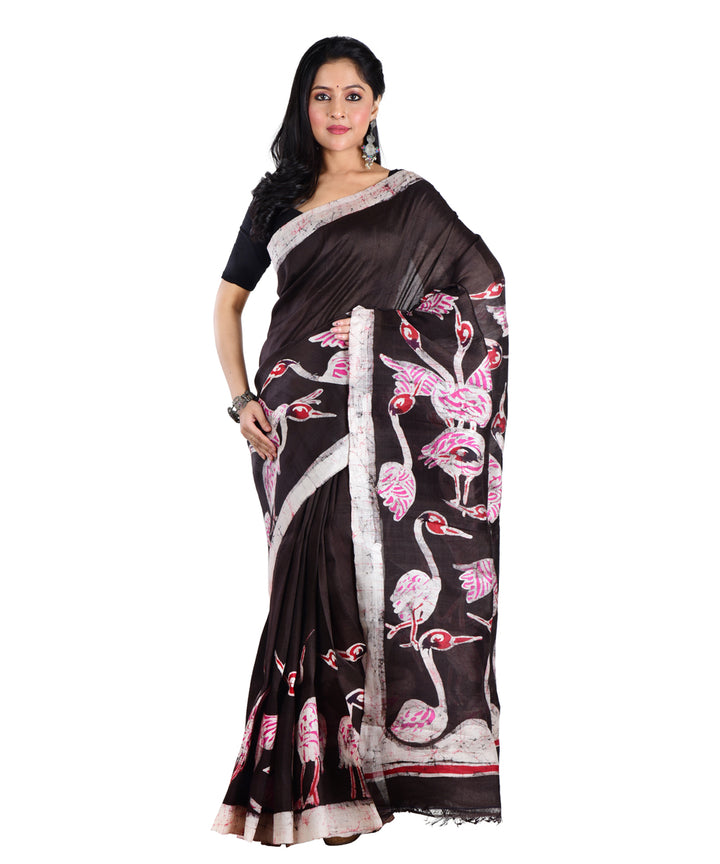 Black pink silk hand batik printed saree