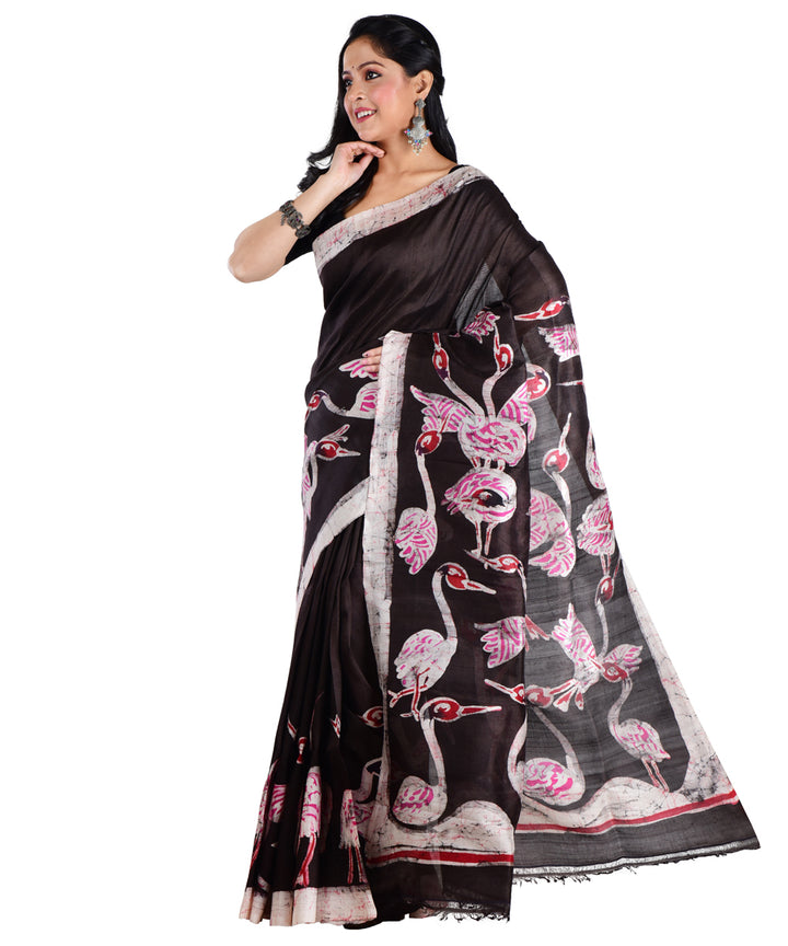 Black pink silk hand batik printed saree