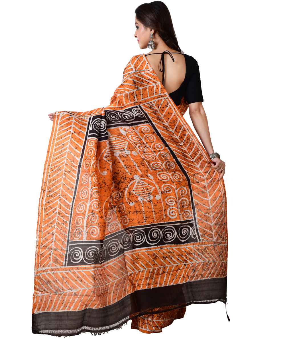 Maroon black hand batik printed silk saree