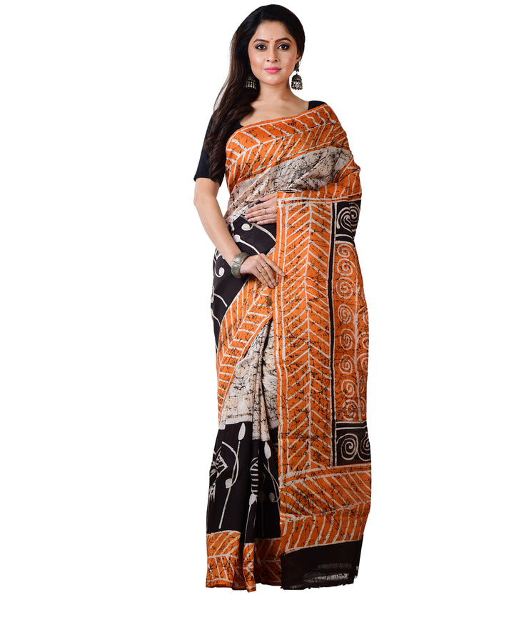 Maroon black hand batik printed silk saree