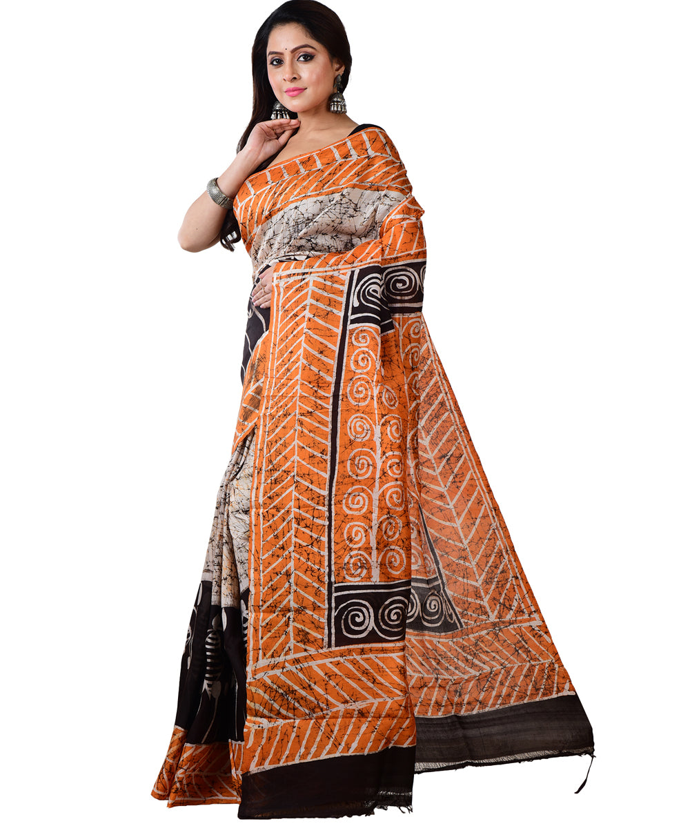 Maroon black hand batik printed silk saree