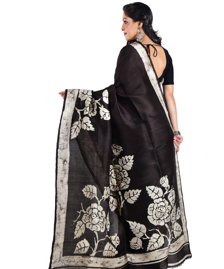 Black white silk hand batik printed saree