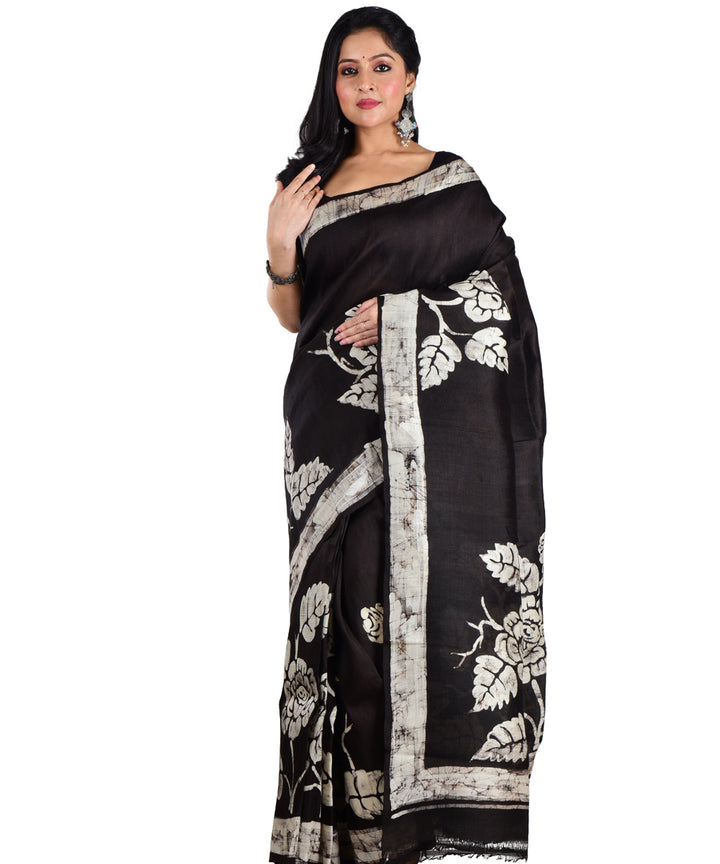 Black white silk hand batik printed saree