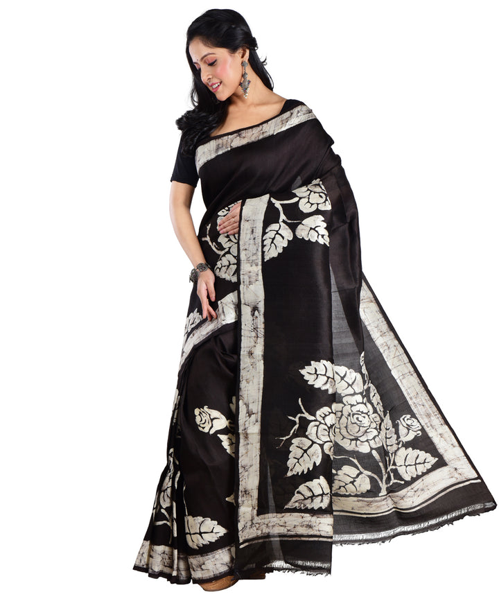 Black white silk hand batik printed saree