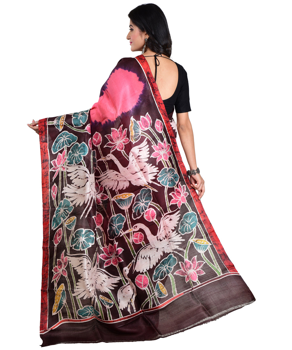 Pink black hand batik printed silk saree