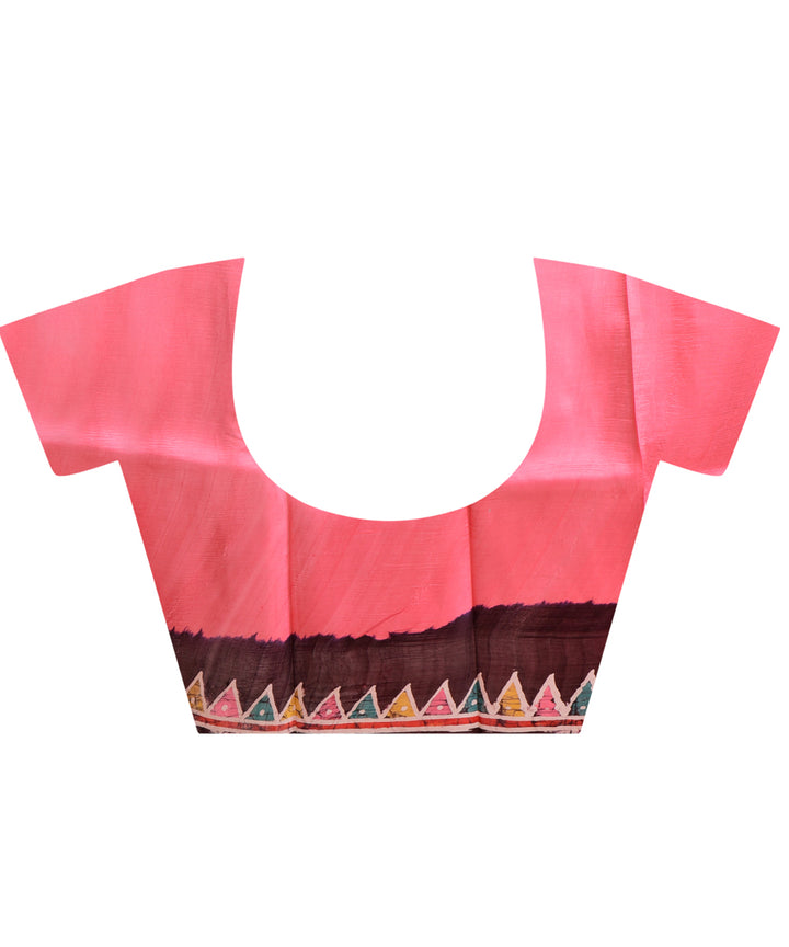 Pink black hand batik printed silk saree