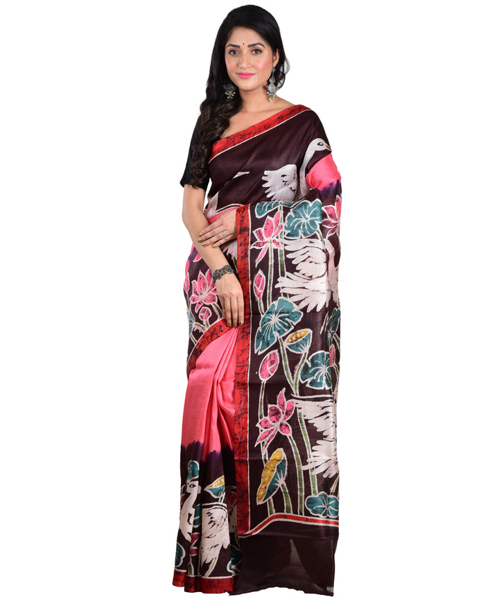 Pink black hand batik printed silk saree