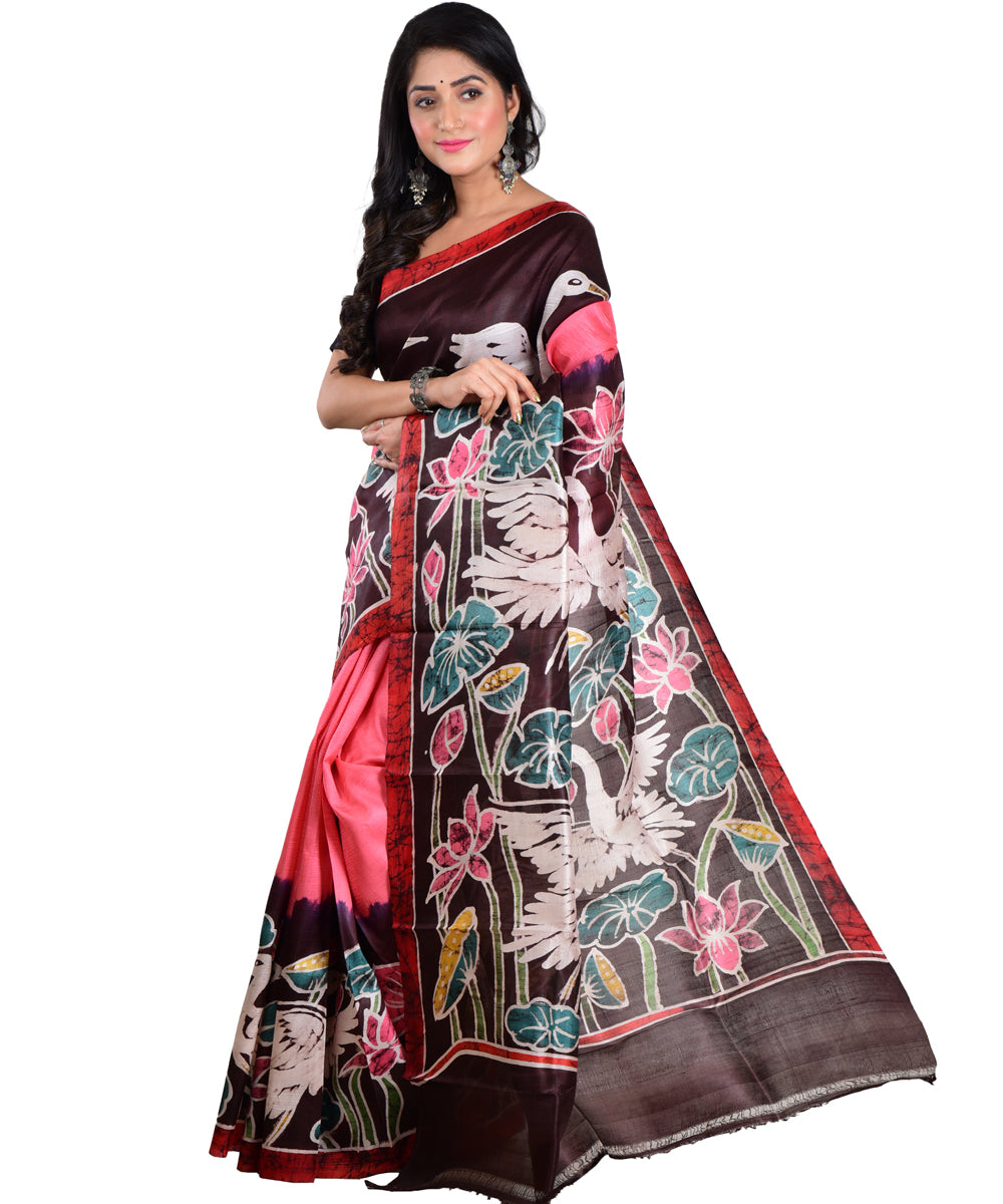 Pink black hand batik printed silk saree