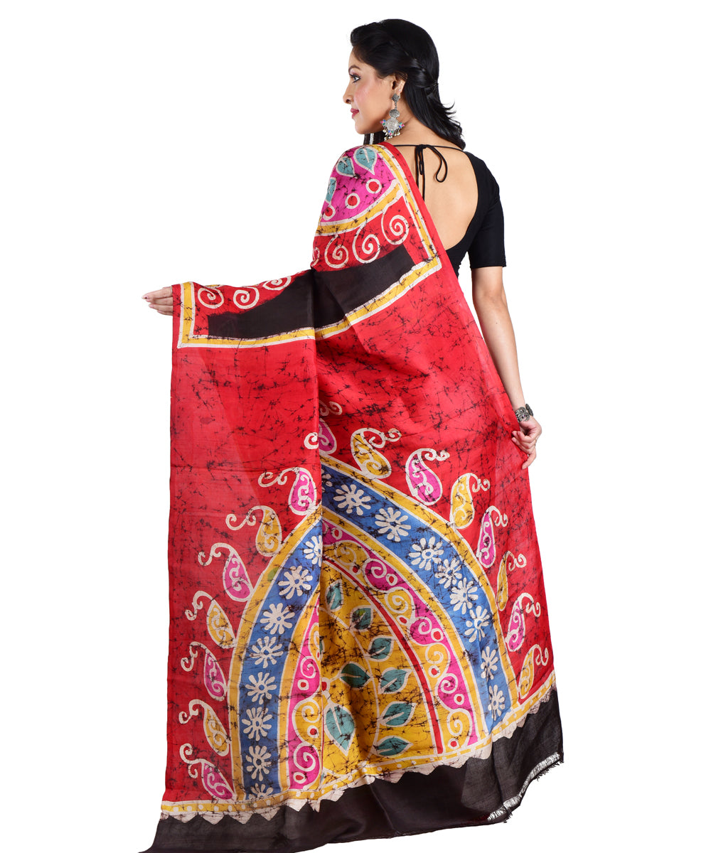 Red black hand batik printed silk saree