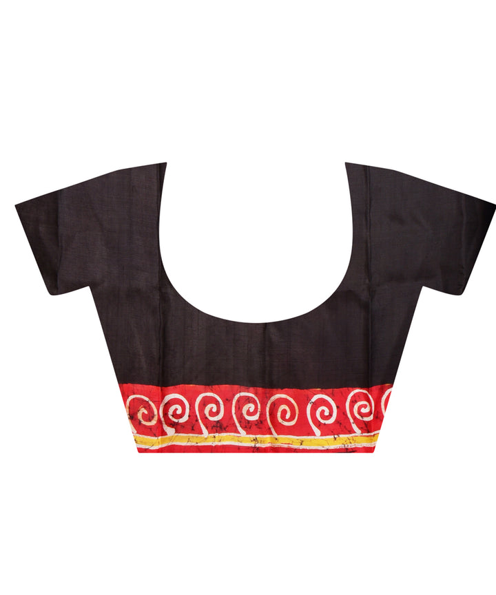 Red black hand batik printed silk saree