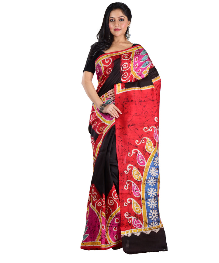 Red black hand batik printed silk saree